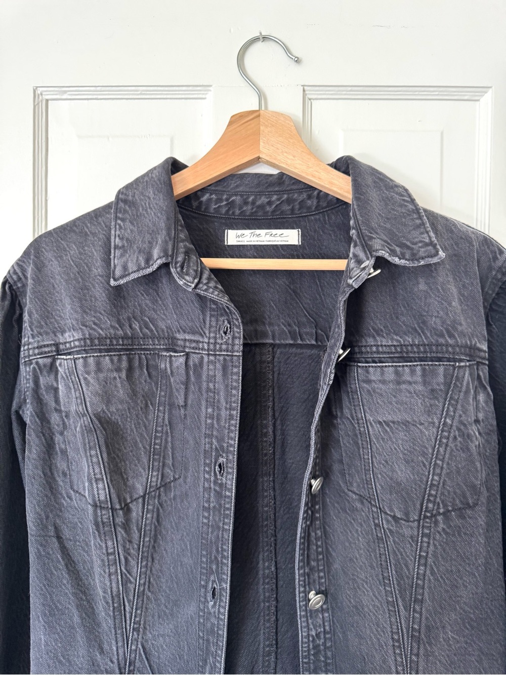 We The Free Washed Black Long Denim Jacket Distressed Over Coat - Picture 7 of 10